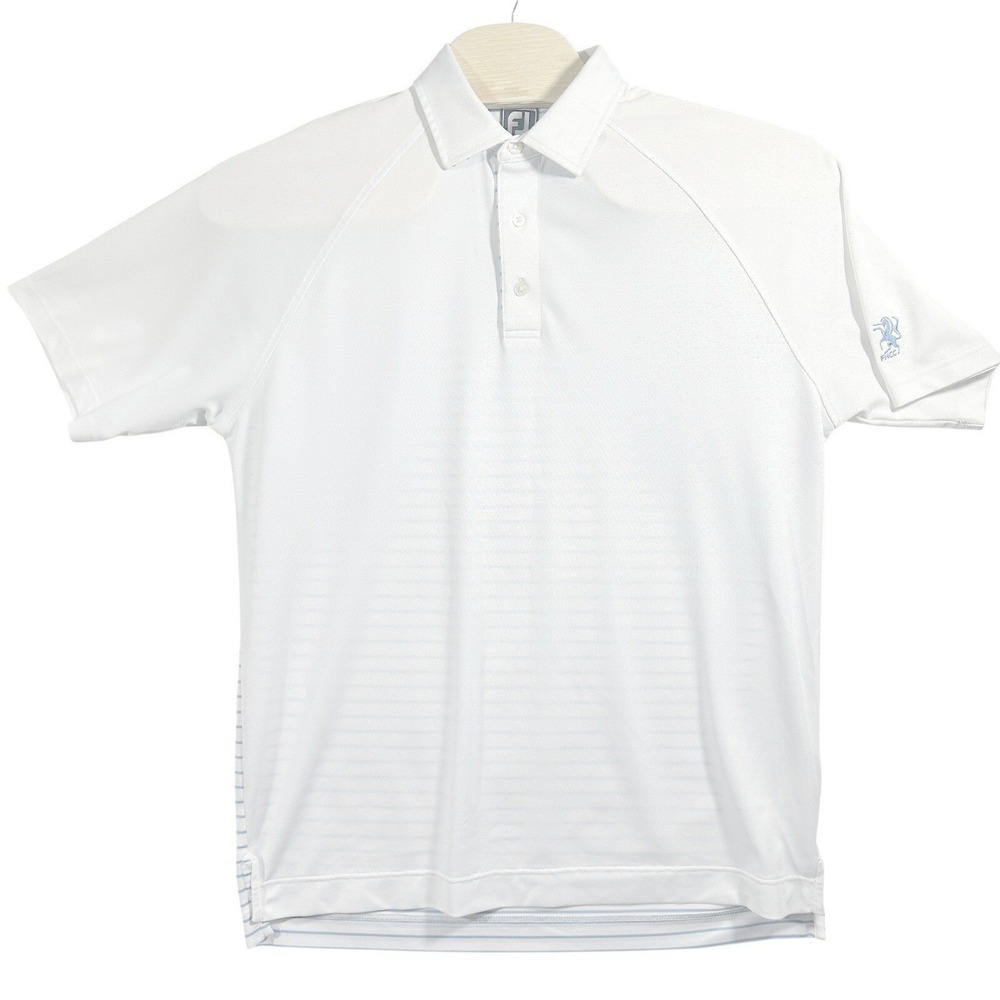 FootJoy Polo Shirt Mens XL White Blue Striped Back FHCC Unicorn Logo Golf Short